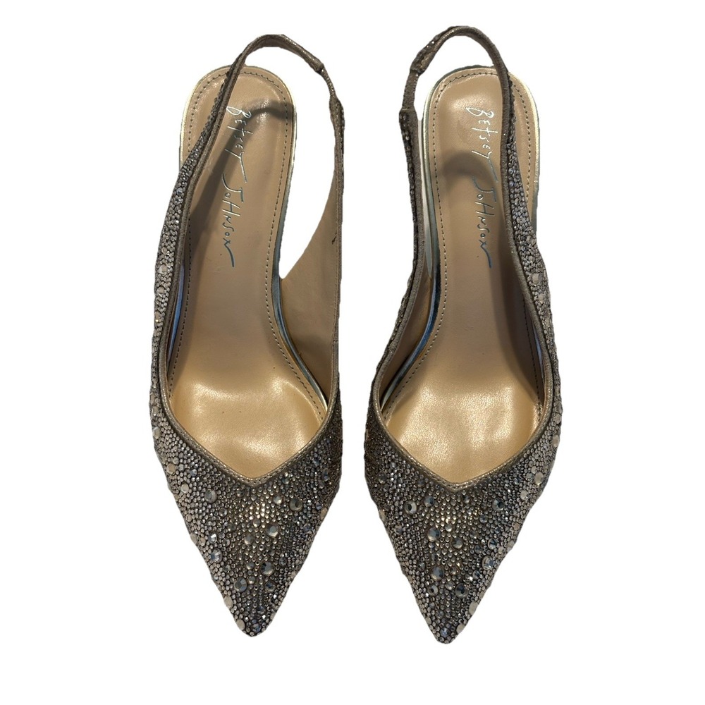 Betsey Johnson Gold Rhinestone Sparkly Clark Slingback Block Heels Pointed Toe 6 - Picture 2 of 9